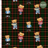 Digitally Printed Fabric with Cool Teddy Pattern on a Green Plaid Background